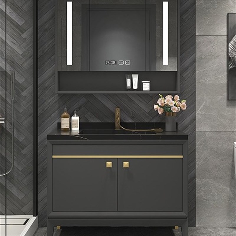 现代轻奢橡木浴室柜组合岩板一体陶瓷盆落地式卫生间洗脸台洗手池