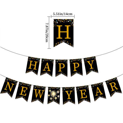 跨境黑金新年拉旗螺旋挂饰拉花套装HAPPY NEW YEAR横幅定制