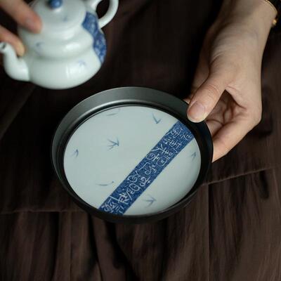 弥言洒蓝釉留白纯手写诗文壶承家用干泡盘小型茶台老铁壶承茶点盘
