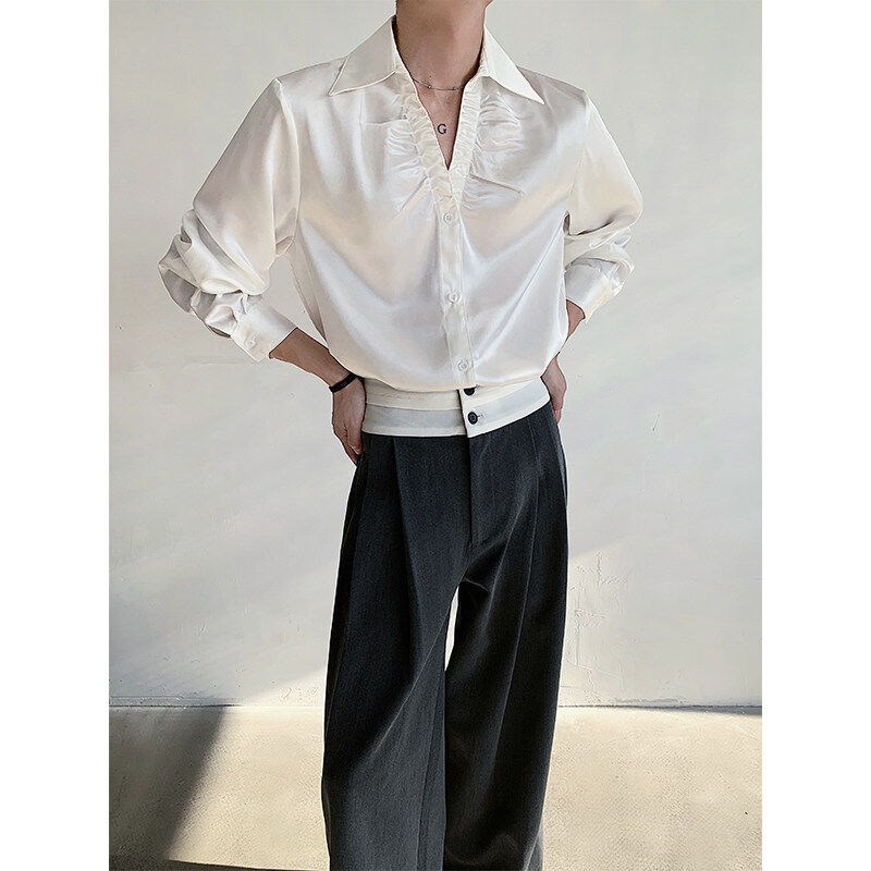 春夏走秀款小众V领抽褶亮面醋酸丝滑衬衫男长袖设计感法式衬衣潮