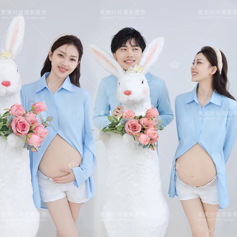 孕妇23年兔年影楼情侣主题新款B简约蓝色衬衫孕妈咪主题夫妻拍照