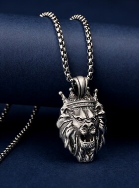 拜占庭王冠狮子吊坠男士嘻哈项链inFs动物项链朋克饰品不锈钢链条