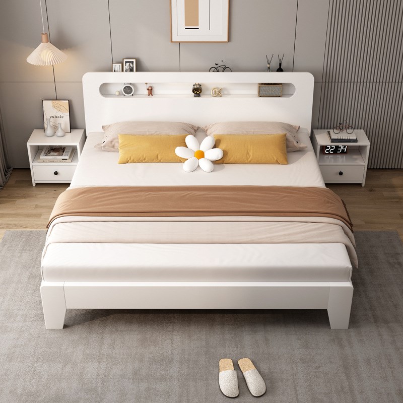 实木板床单人f床储物床双人床主卧大床白色出租屋床卧室床简易床