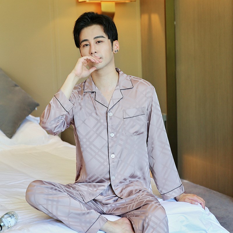 春秋季男士大码睡衣豆沙色条纹格子翻领家居P服仿真丝睡衣两件套