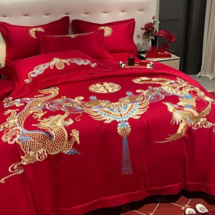 中式 龙凤刺绣婚庆四件套大红色结婚被套床单喜庆床上用品