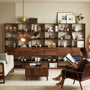 北美黑胡桃木书架带抽屉实木书柜一体满墙储物格展示柜可定制尺寸