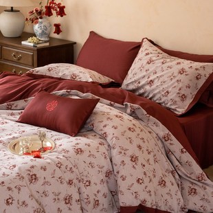 中式 婚庆A类60支全棉长绒棉四件套色织提花被套红色结婚床单床品