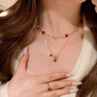 法式复古猫眼玛瑙永夜星河项链轻奢时尚璀璨红钻金珠叠戴锁骨链女