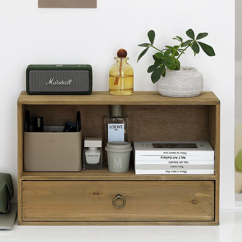 日式桌面收纳盒 抽屉式收纳柜 复古木制杂物箱 咖啡角收纳架杯架