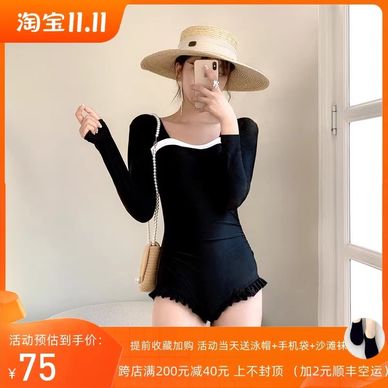 游泳衣女连体学生保守韩国ins长袖防嗮冲浪服遮肉W显瘦温泉泳装