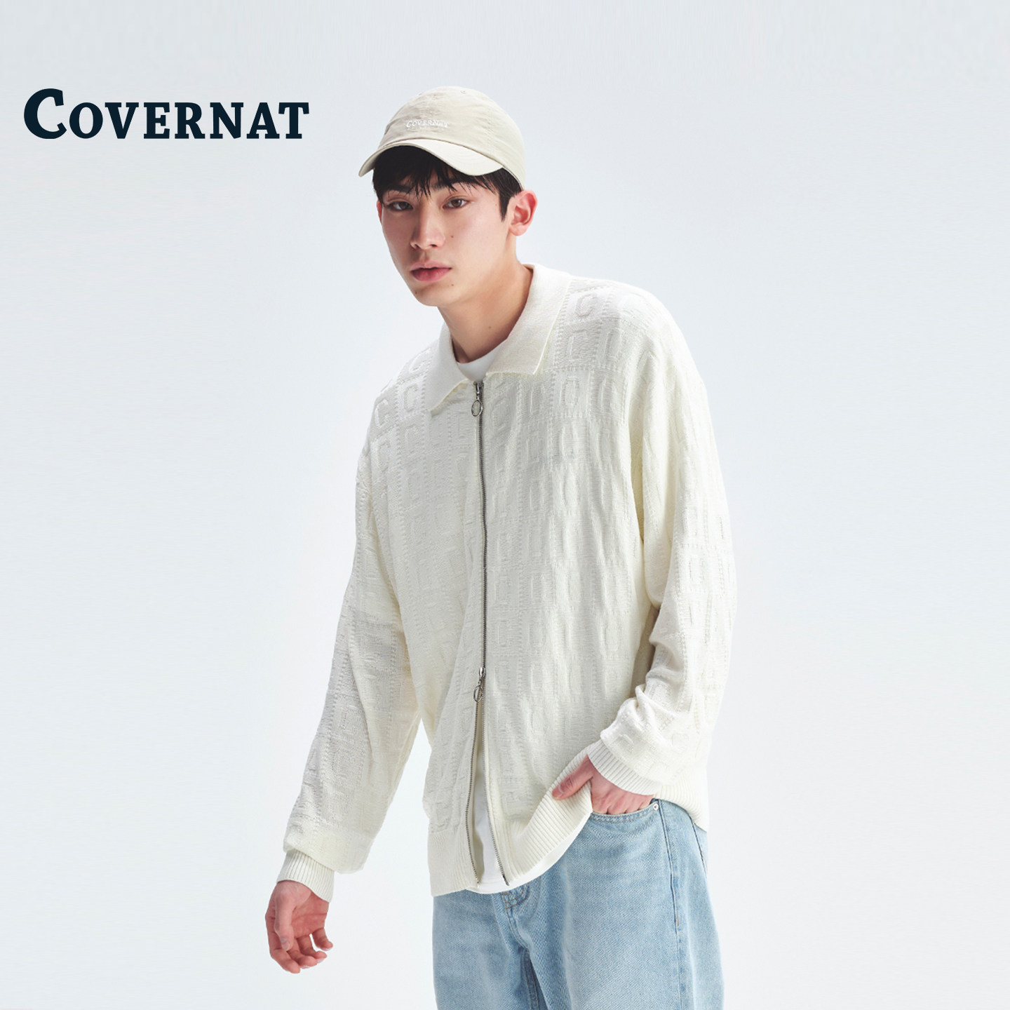 COVERNAT韩国毛衣男款针织开衫白色通勤简约百搭休闲情侣装上衣