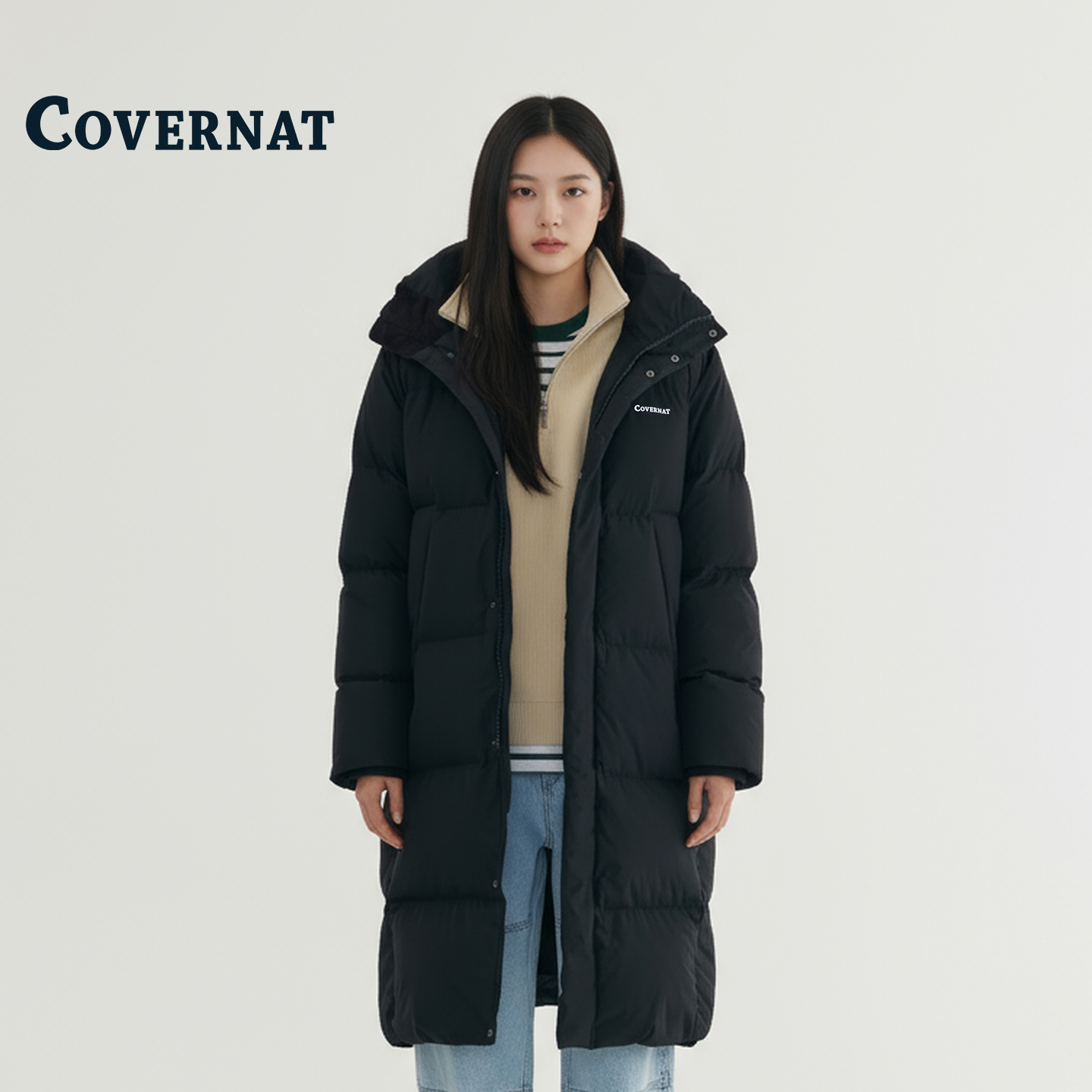 COVERNAT韩国中长款连帽羽绒服