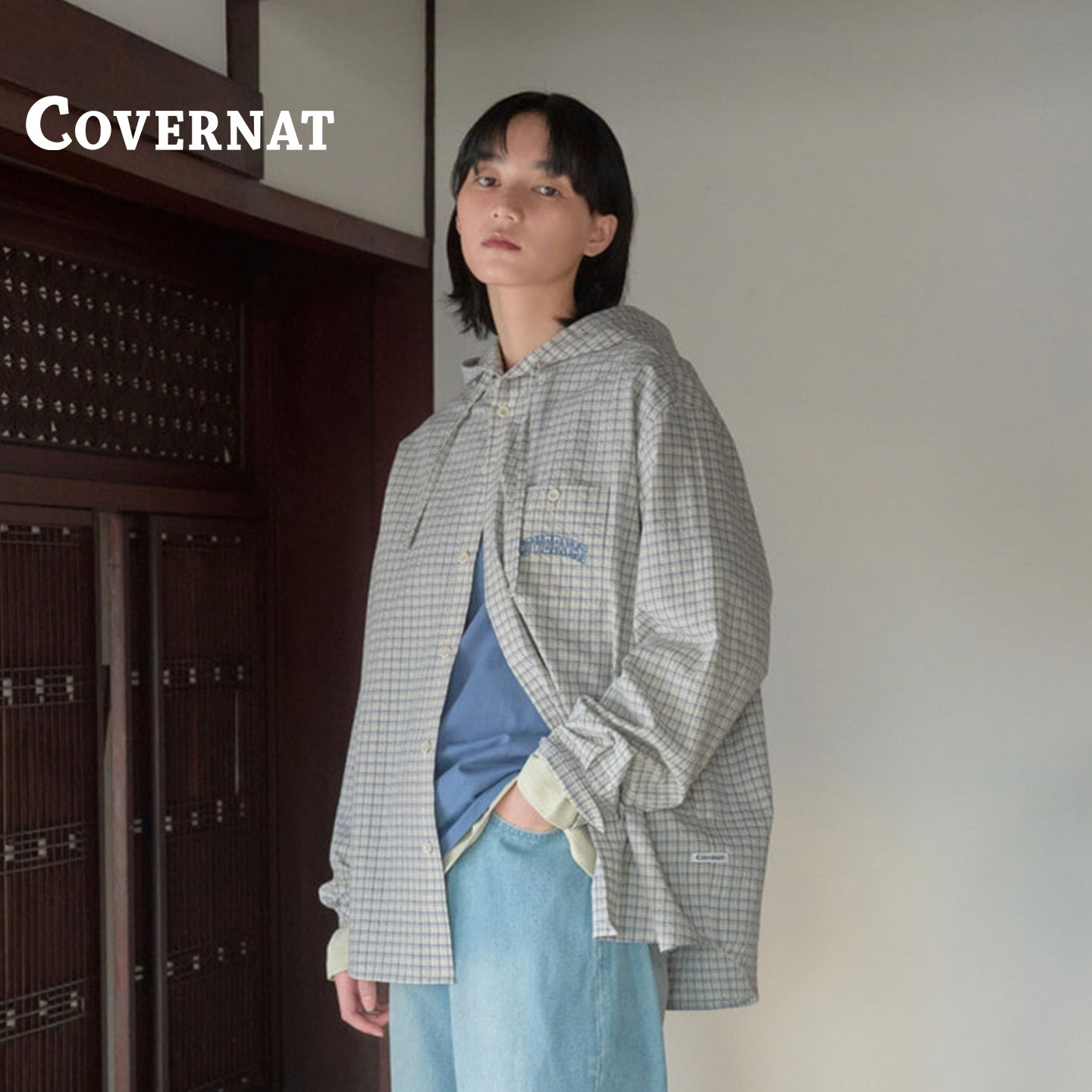 【秀彬同款】COVERNAT韩国衬衫防晒宽松显瘦百搭连帽格子衫上衣