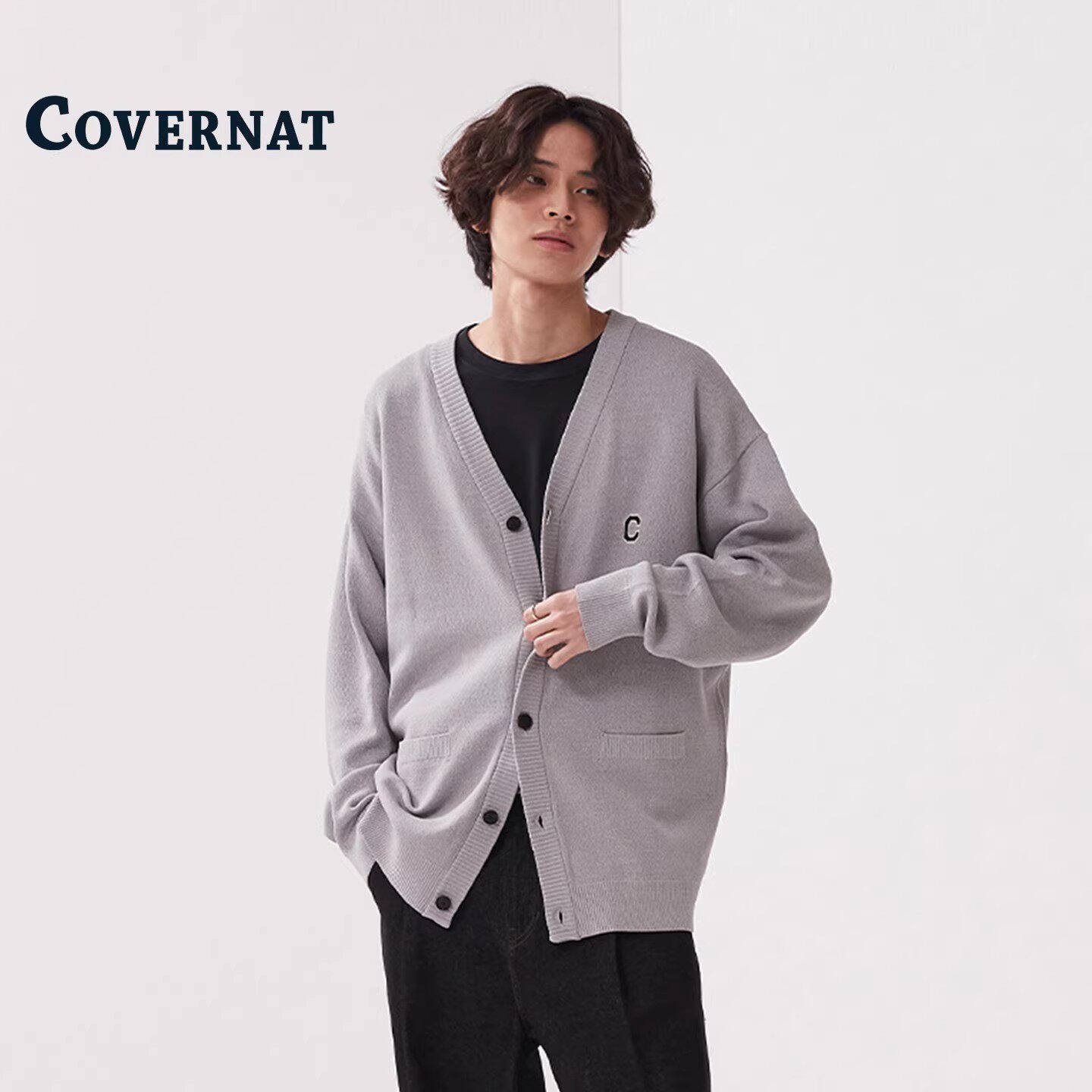 COVERNAT韩国毛衣男款冬季针织开衫情侣装灰色通勤简约百搭上衣