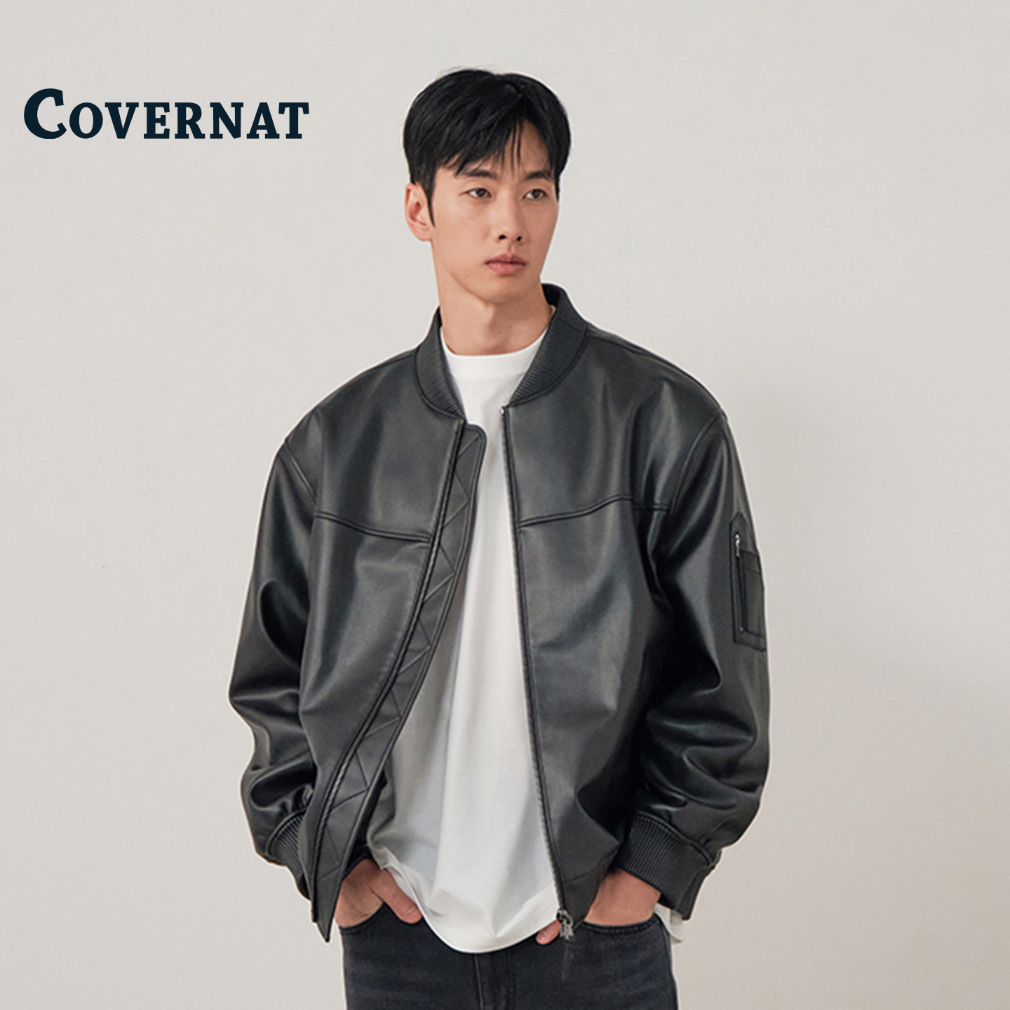 COVERNAT韩国外套秋季拉链多口袋韩系休闲款百搭翻领纯色夹克外套