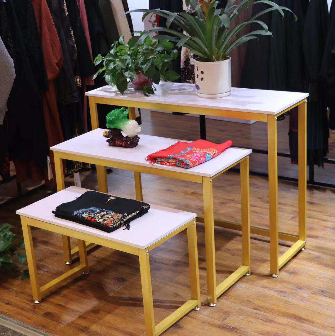 服装店展示架长i方形金色落地式流水台包包鞋架花店高低展示桌