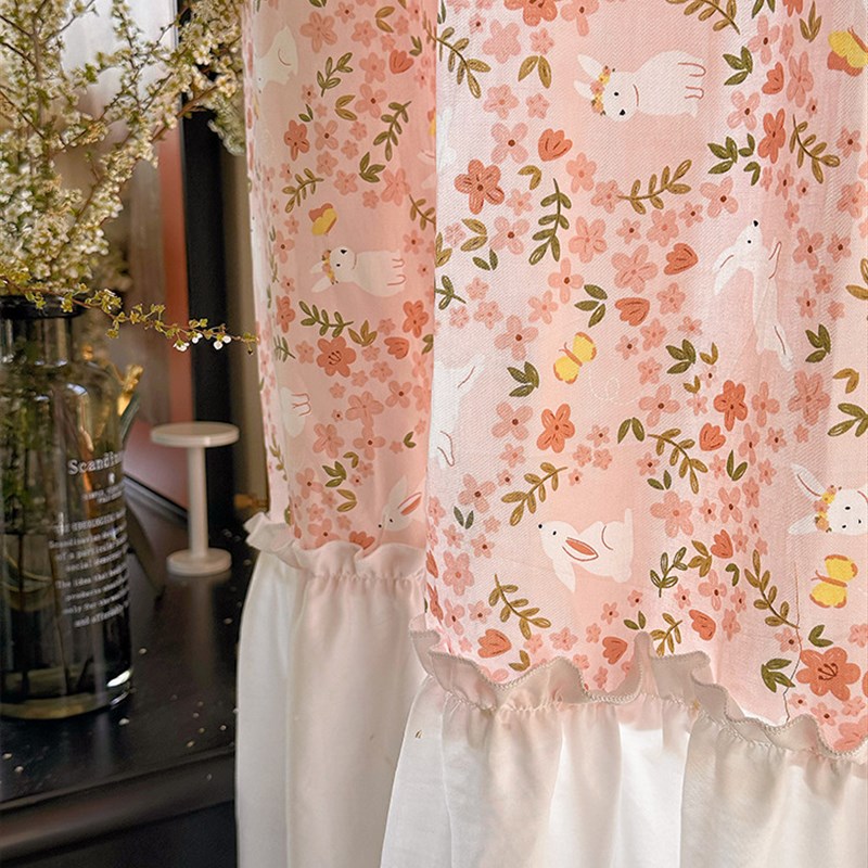 韩式粉色萌兔拼接窗帘女孩儿童房棉麻半遮光美式印花半帘少女心布