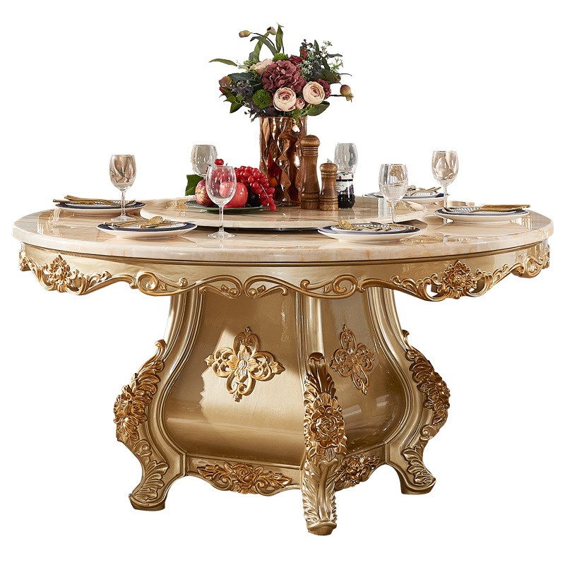 欧式大理石餐桌椅组合全实木雕花奢华别墅圆形带转盘吃饭桌大餐台