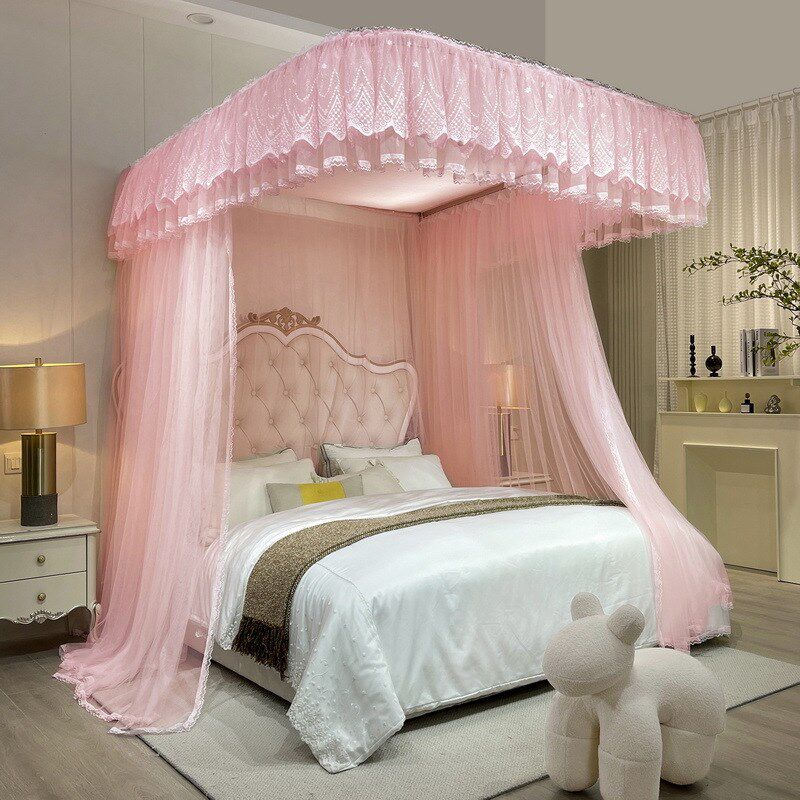 新款导轨蚊帐家用卧室防尘顶U型轨道公主纹账加密床幔可升降支新