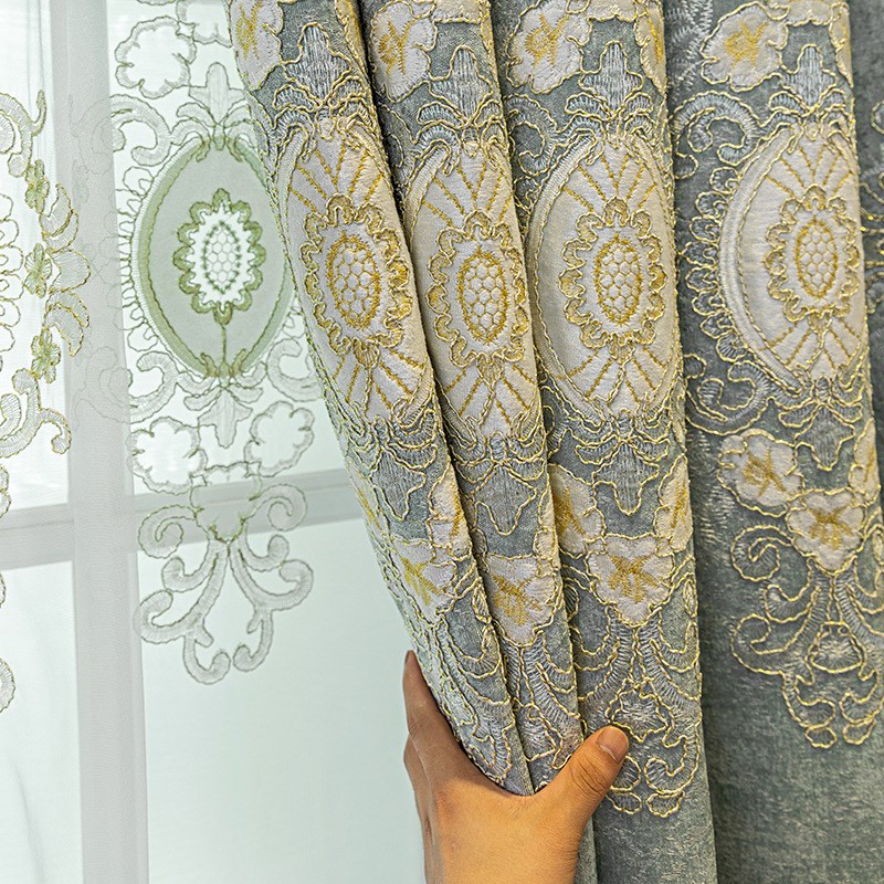 客厅窗帘窗纱高档大气欧式雪尼尔绣花加厚遮光卧室落地窗成品加工