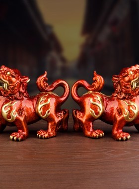 貔貅摆件全铜貔貅一对彩铜皮丘家居客厅装饰品乔迁新居开业礼物