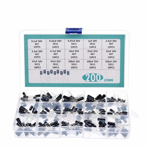 200PCS 15种直插电解电容盒装套件 0.1UF 50V-220UF 10V 200个1盒