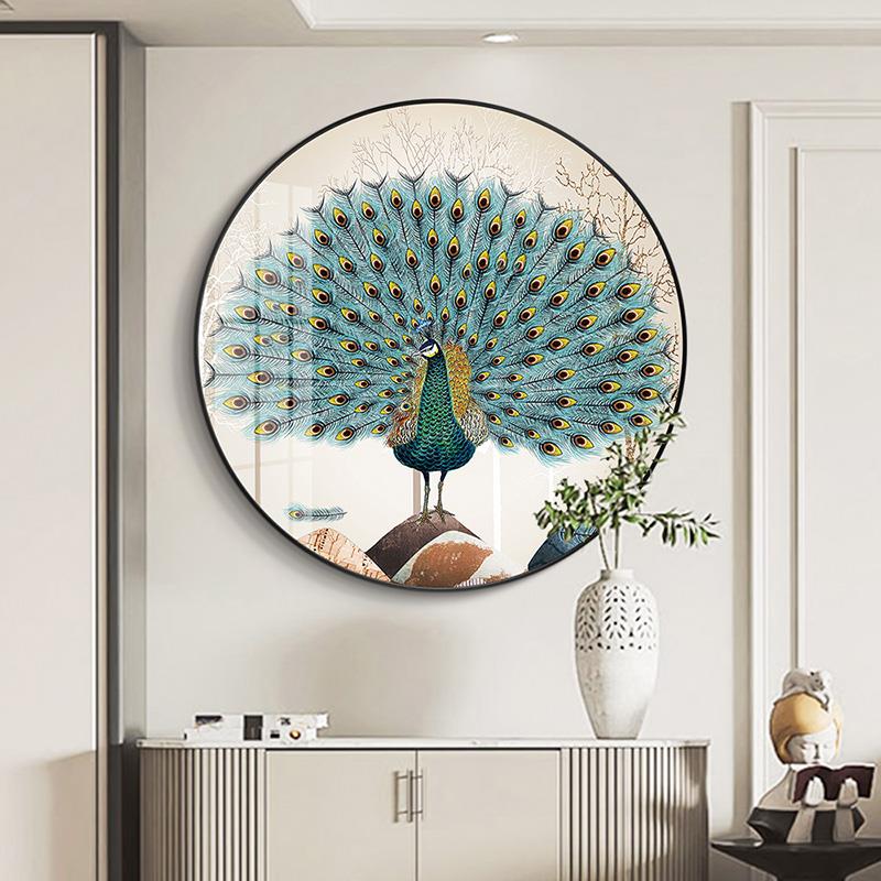 孔雀开屏新中式圆形装饰画轻奢入户现代客厅餐厅壁画玄关走廊挂画图片