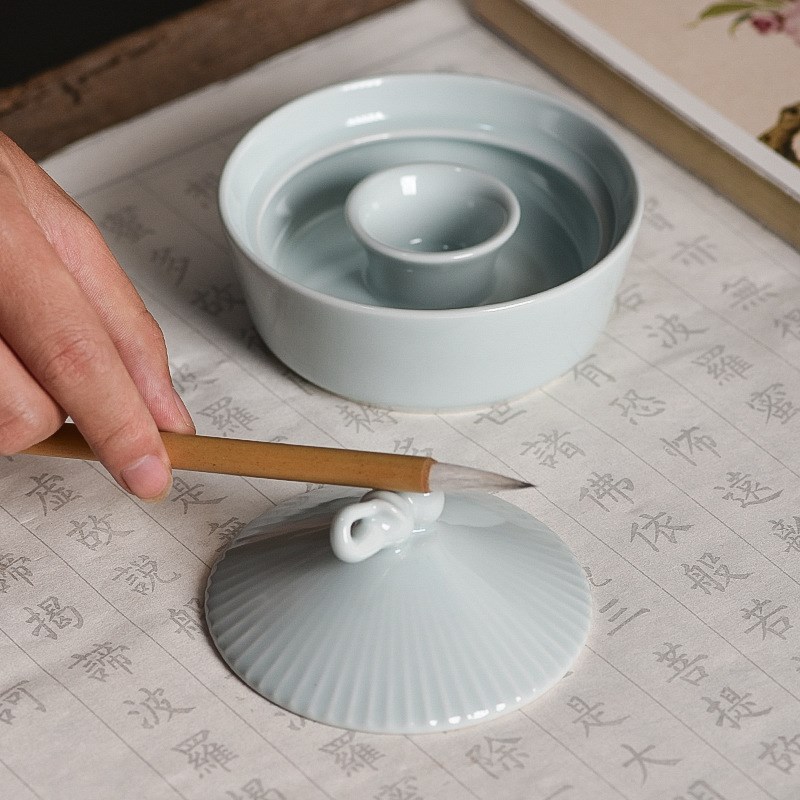 斗笠火锅砚台复古学生用多功能陶瓷砚台毛笔笔搁墨池墨盒带盖书法