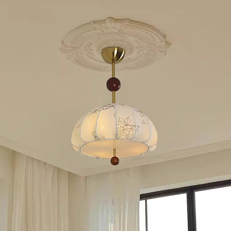 法式复古风实木餐厅吊灯温馨艺术花纹布艺书房中古卧室衣帽间灯具