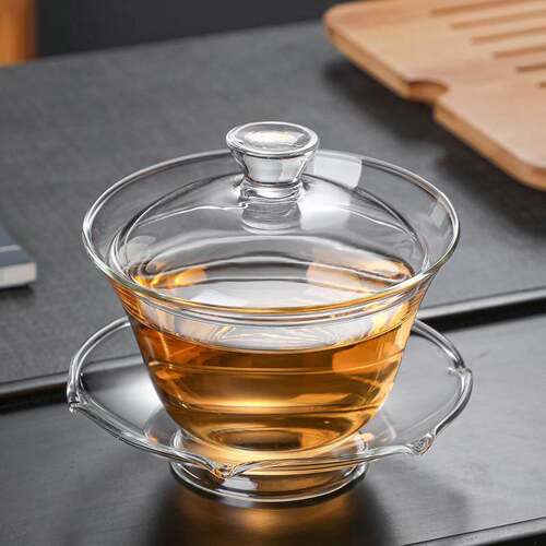 采购产品玻璃三彩盖碗，耐热茶杯，家用功夫茶具，大荷叶茶碗，茶