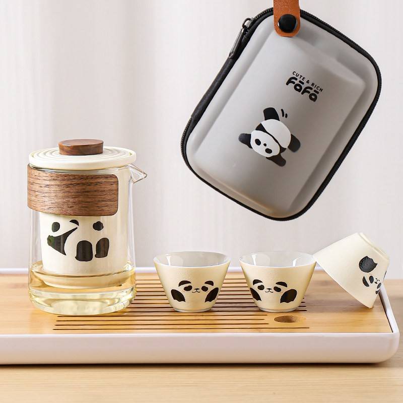 川岛屋熊猫旅行茶具便携式功夫茶具套装一人饮户外茶杯茶壶快客杯