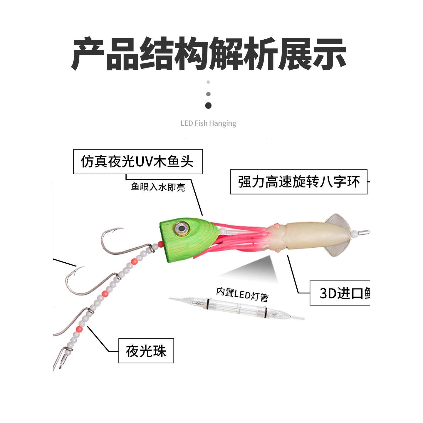手工夜光带鱼串钩钩灯带锈木ITK鱼带头浮水牙带鱿鱼仕挂入水亮不