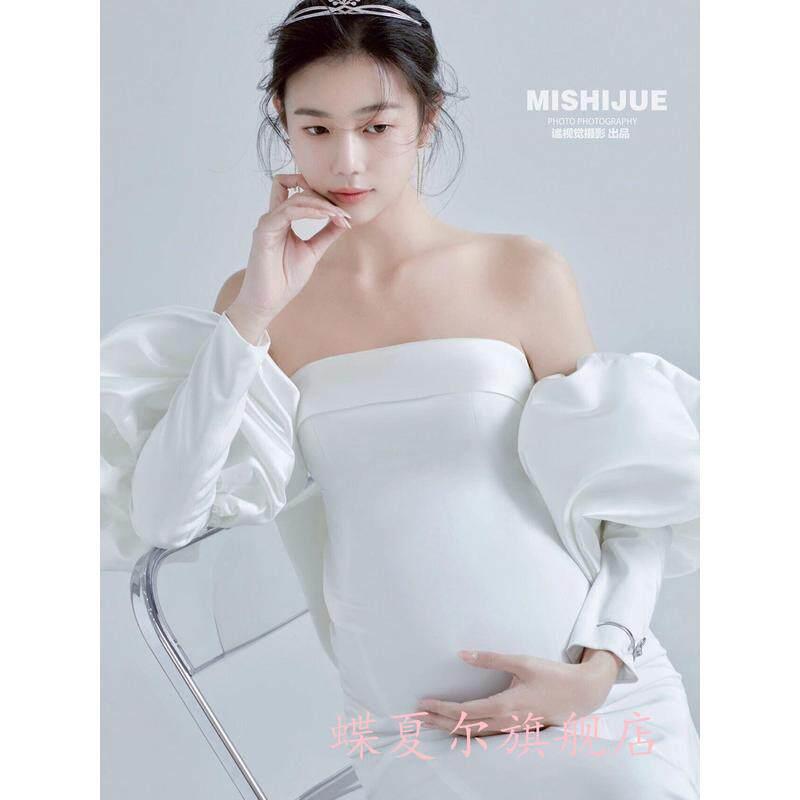 新款楼JGH孕妇缎面白色准妈咪拍照摄影服艺影术服装饰