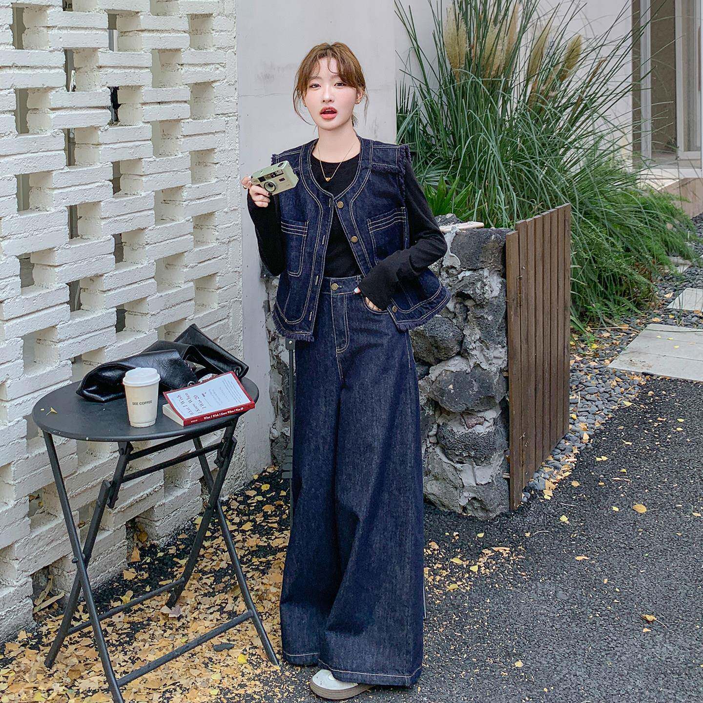 蓝XW色又阔酷又飒牛套装女春新款设计仔马甲打底衫腿裤三件感套