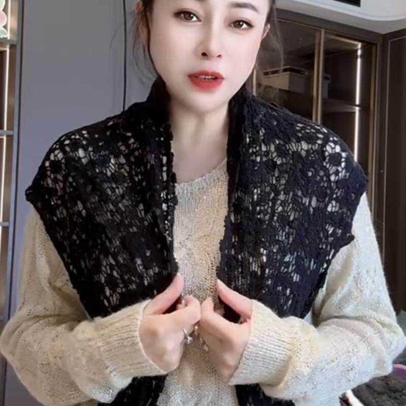 棉质丝镂空钩花护三HIcQeJaF蕾角围巾女森系韩版百搭披室肩小颈办