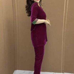 金丝绒套装女阔新款夏季妈dxMjdhPv时妈尚百搭盘洋气扣大码腿裤两
