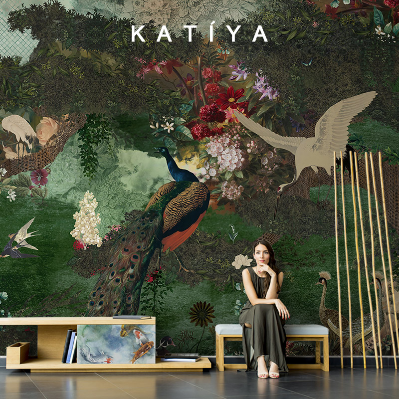Katiya法式孔雀壁纸电视背景墙卧室沙I发美式餐厅东南亚墙布装饰