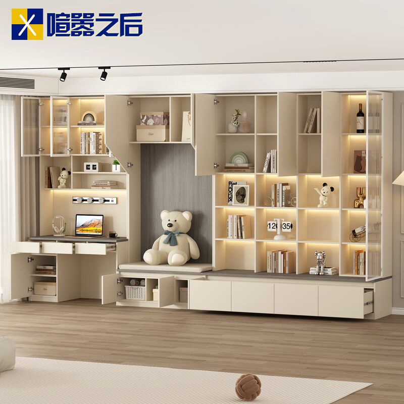 简约去客厅化书柜书桌一体定制满墙卡座储物柜展示柜到顶书架8F79