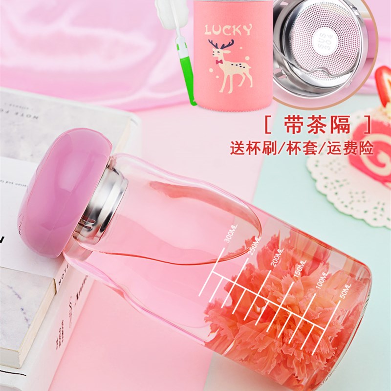 小仙女水杯刻度玻璃杯女便携学生简约清新可爱随手杯花茶杯