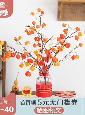 阿楹 高级红橙色灯笼果仿u真花餐桌新年摆件电视边柜植物盆栽装饰