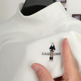 刺绣磨毛德绒加厚打底衫青少年加绒半高领长袖双面绒发热衣男士