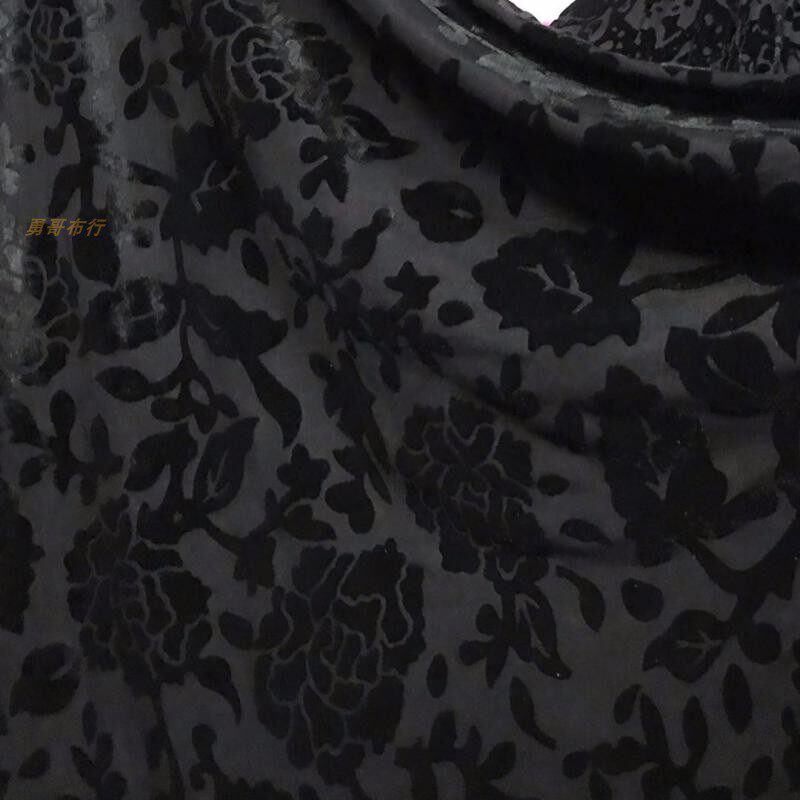 高档黑色烂d花金丝绒布料玫瑰花腰果花弹力垂坠打底衫裙表演服面