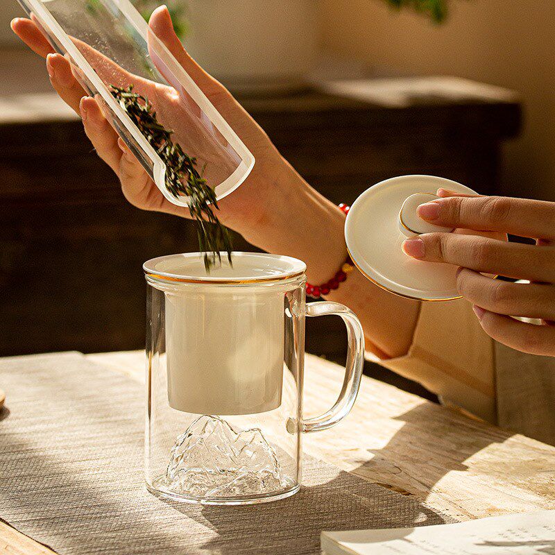 观山玻璃水杯陶瓷内胆茶水分离透明花茶玻璃泡茶杯 带盖把过滤