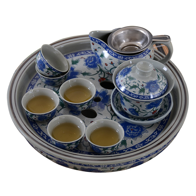 工夫茶功夫茶具套装家用小瓷中式青花瓷蓝牡丹整套带盘陶瓷杯茶盘