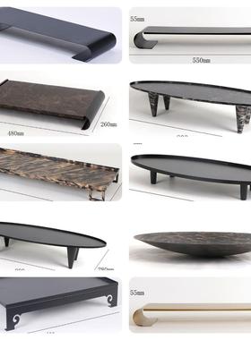 新中式轻奢描金哑黑托盘摆件客厅书房办公室样板间果盘软装摆设