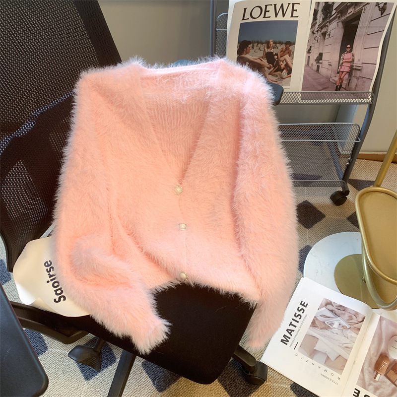 女装v领仿水貂绒针织开衫女秋冬慵懒风马海毛毛衣毛茸茸外套上衣