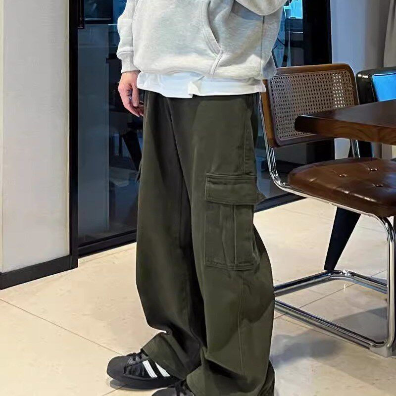 小张几军绿色牛仔工装裤多口袋美式宽松直筒做旧半松紧腰阔腿裤男