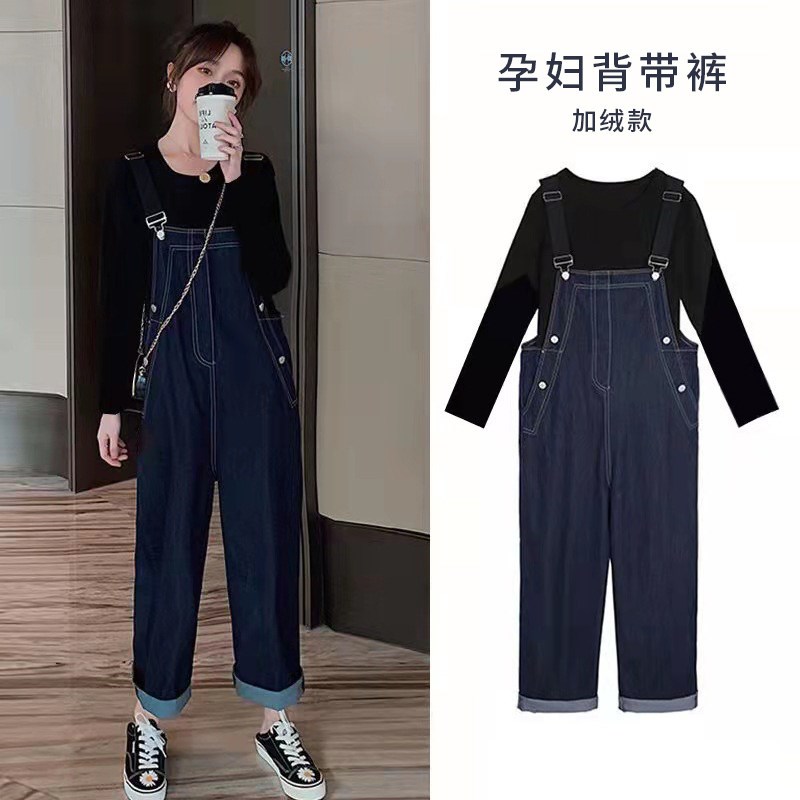 8616孕妇装牛仔背带裤加绒w秋冬款时尚百搭韩版减龄外穿薄绒连体
