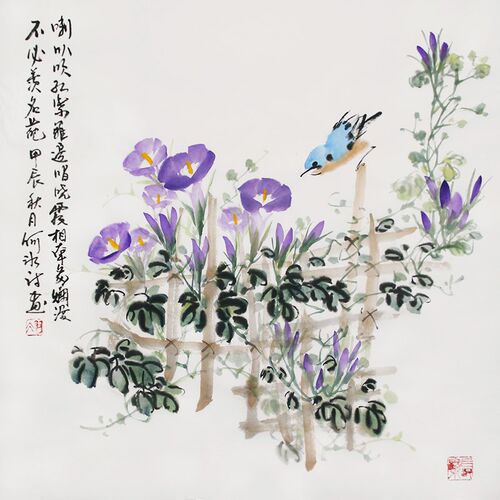 诗人画家何冰诗词国画牵牛花鸟画纯手绘三K尺斗方挂画无框装饰画