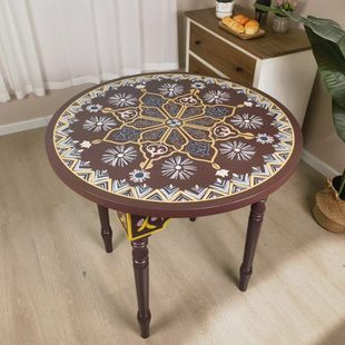 阿拉伯手工实木雕花茶几圆桌复古摩洛哥木制彩绘圆形边几民宿咖啡